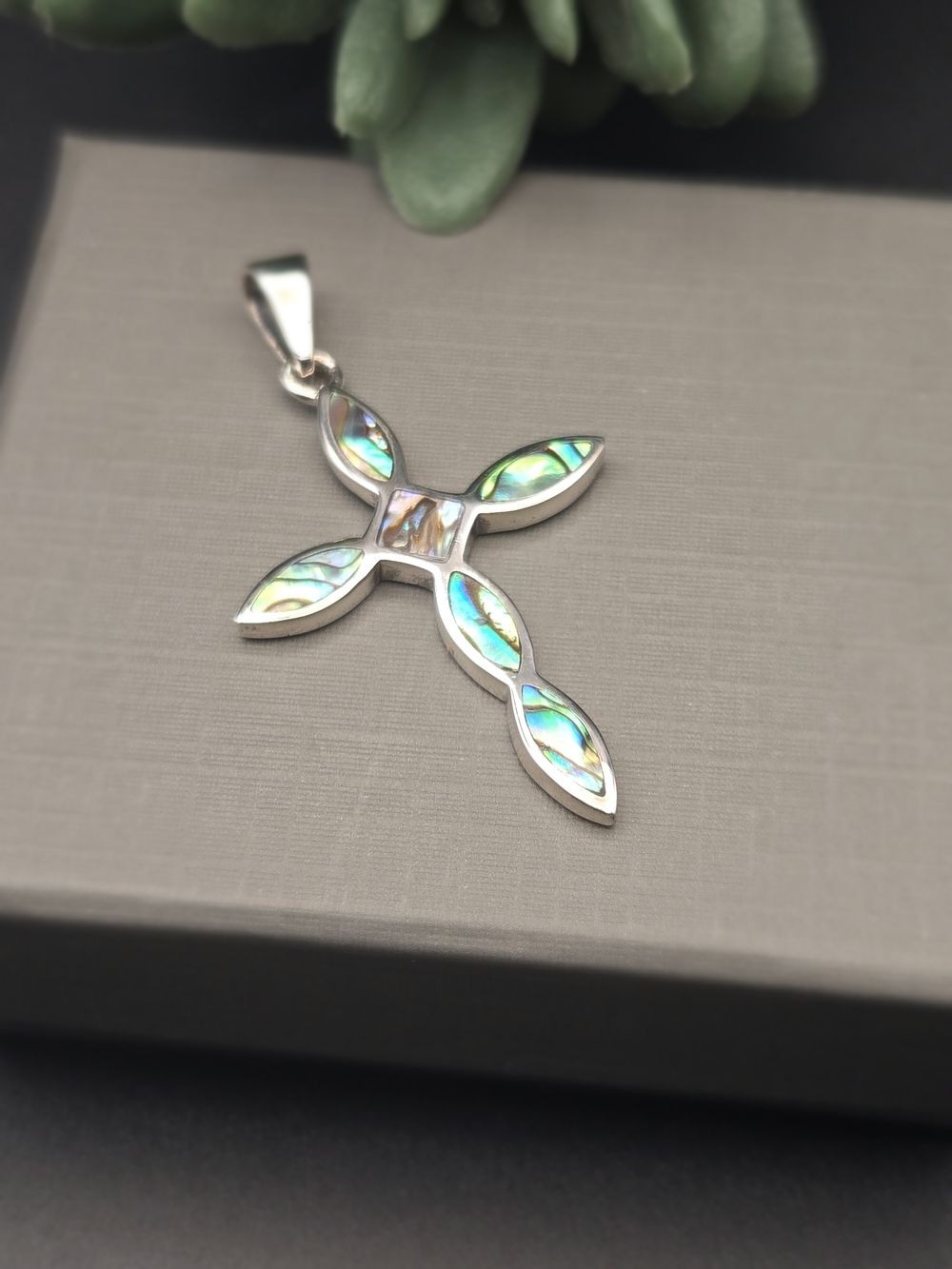 .925  Solid Sterling Silver Abalone Inlay  Cross Pendant -